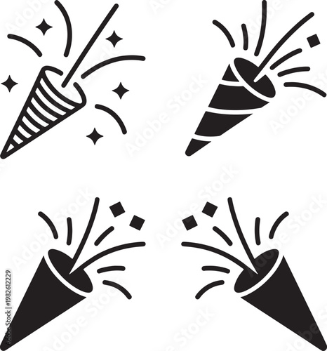 Collection of four different party poppers exploding with streamers stars and squares