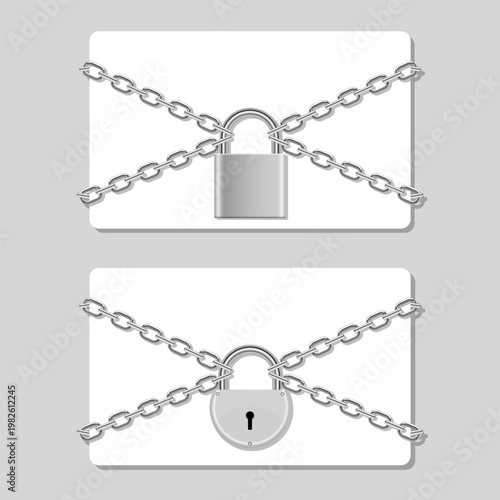 Chain-wrapped cards secured with padlocks, conveying protection and security.