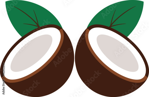Pair of halved coconuts with green leaves and white flesh set against a transparent background.