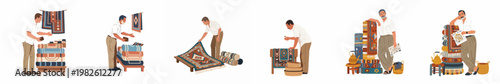 Collection of men selling traditional hand-woven carpets and rugs in a Middle Eastern bazaar style market flat vector illustration set.