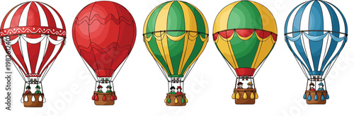 Colorful hot air balloons set with decorative patterns and vintage style flying balloons isolated on transparent background travel adventure vector illustration