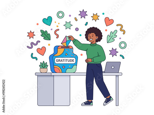 Flat vector illustration: Woman expresses gratitude, placing note into colorful appreciation box on desk.