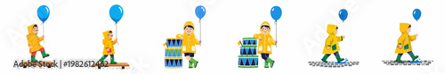 Set of playful cartoon illustrations of a boy in a yellow raincoat holding a blue balloon and enjoying rainy day activities.