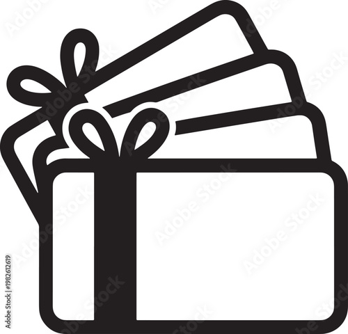 Gift cards with bow ribbons black line icons set for business discounts loyalty reward program