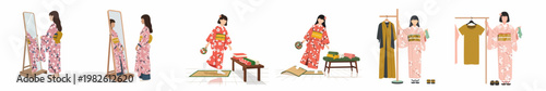 Collection of illustrations showing a Japanese woman in various floral kimonos and yukatas, dressing up and trying on traditional clothing in different scenes.