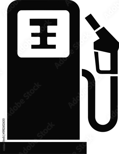 Black silhouette of gas pump with nozzle and hose icon on transparent background, fuel station.