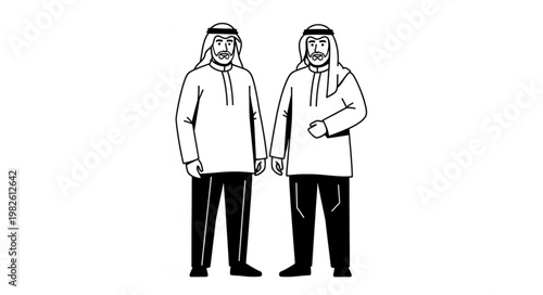 Two men in traditional Arab clothing standing together in a monochrome image.