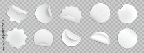  set of realistic white round stickers isolated blank paper
