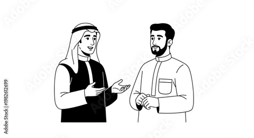 Two men in traditional attire engaged in conversation, discussing important matters.