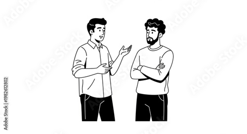 Two men having a conversation, discussing something important, talking.