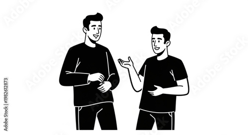 Two men in black shirts talking to each other, discussing something important.