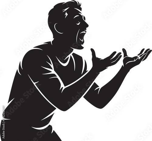 Man shouting with open mouth and hands raised in despair silhouette vector illustration