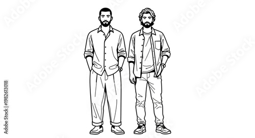 Two men in casual outfits standing side by side, looking forward.