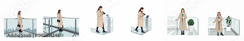 Flat Vector Illustration Set of a Stylish Woman in a Trench Coat on a Modern Rooftop Terrace and Observation Deck with City Views