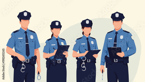 Professional group of four police officers in blue uniforms standing together including men and women with handcuffs and clipboards for law.