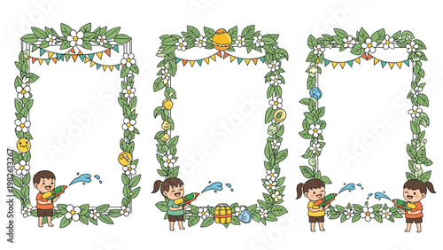 Fun set of floral frames decorated with green leaves and white flowers featuring happy kids playing with water guns for summer festivals.