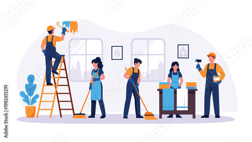 Hardworking cleaning team of men and women performing various janitorial tasks such as sweeping and painting in a modern room with windows.