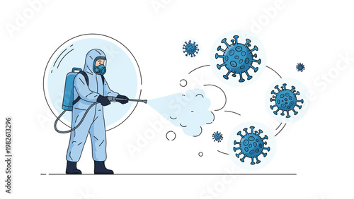 Medical specialist in a protective hazmat suit spraying disinfectant to eliminate blue virus cells floating in the air for disease prevention.