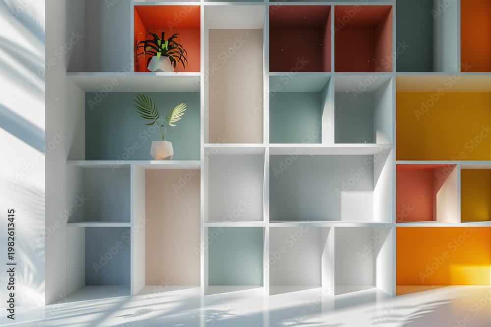 Fototapeta premium Modern cube style bookshelf with a vibrant color block palette and organic shapes. Stylish background setting for online work.