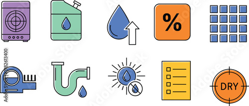 Home Appliance And Plumbing Maintenance Vector Icon Set Featuring Dehumidifier Water Drop Pipe Percentage Sign And Dry Mode Illustrations For Service