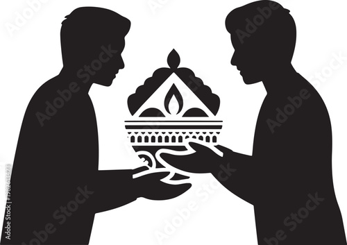 Silhouetted men holding traditional ceremonial diya lamp for diwali festival cultural celebration