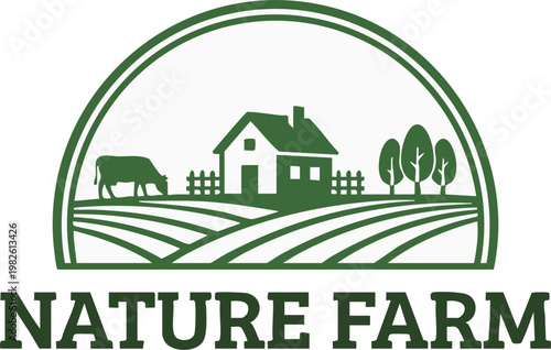 Green rural farm landscape logo with house and fields illustration