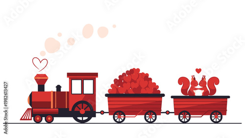 Romantic illustration of a red steam train engine pulling wagons filled with hearts and a squirrel couple for a valentine and love theme.