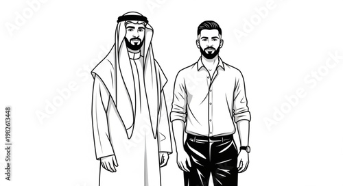 Two men in traditional and modern attire standing together.