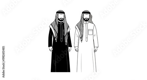 Two men in traditional Arab attire, black and white outfits.