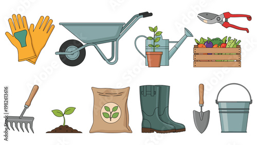 Essential set of gardening tools including a wheelbarrow, watering can, shovels, gloves, and boots for home garden and landscaping projects.