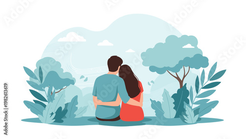 Peaceful scene of a young couple sitting together and embracing while looking at a beautiful landscape with trees and soft hills during a date.