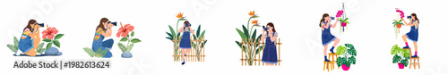 Set of vector illustrations featuring a young girl taking professional photos of various tropical flowers and plants in different poses and settings.