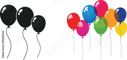 Black and colorful balloons collection vector illustration with glossy helium balloons isolated on transparent background festive party decoration design element