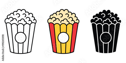 Popcorn Buckets in Different Styles – Flat, Outline and Silhouette Vector Set