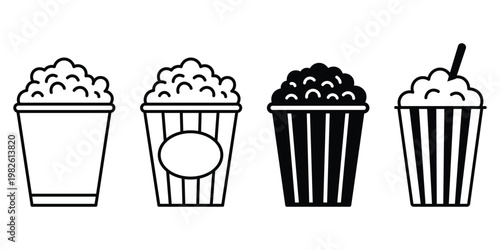 Popcorn Bucket Icon Set – Outline, Striped and Silhouette Cinema Snack Vectors