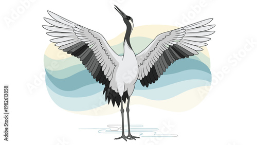 Beautiful illustration of a crane bird standing with its massive wings spread wide against a background of soft blue and green waves.