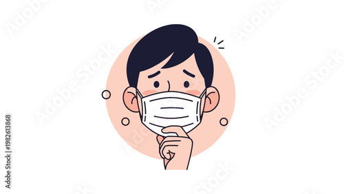 Close-up illustration of a young man wearing a protective surgical face mask for health safety and disease prevention measures.