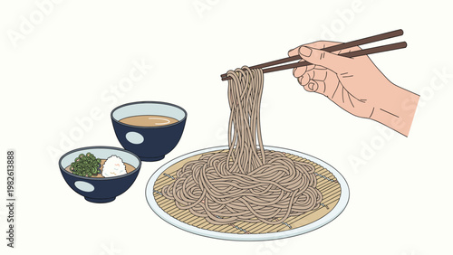 Close-up illustration of a hand using wooden chopsticks to lift a portion of buckwheat soba noodles from a plate with side dishes.
