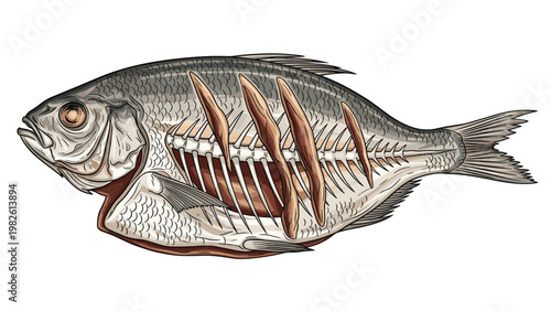 Detailed scientific illustration of a dried fish with part of its flesh removed to show the internal skeletal structure and bones.