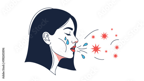 Profile view illustration of a woman sneezing or coughing with visible virus particles and droplets in the air representing sickness.
