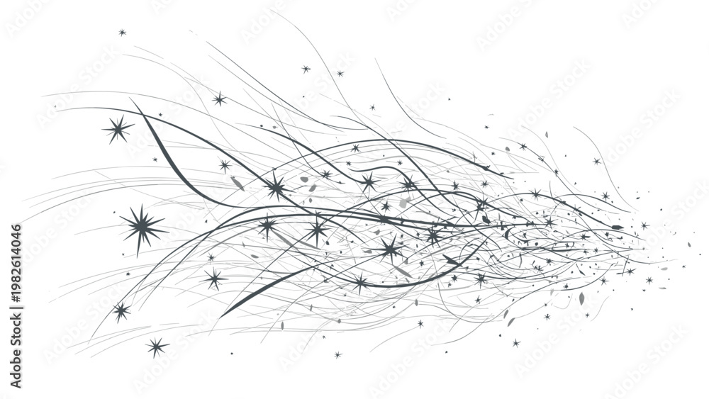 Fototapeta premium Abstract artistic illustration of flowing lines and black stars creating a sense of movement or a magical wind across the frame.