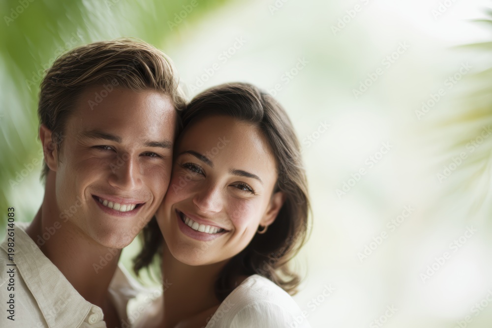 Naklejka premium young couple smiling together in tropical setting romantic lifestyle portrait