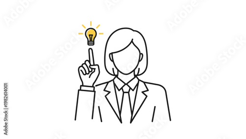 Professional businesswoman in a suit pointing up at a glowing light bulb representing a successful idea or creative inspiration.