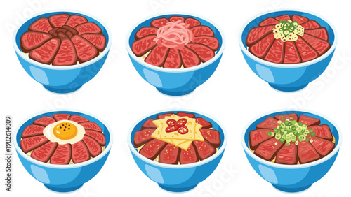 Assorted set of six japanese beef bowls with various toppings like raw egg yolk and sliced green onions on an isolated white background.
