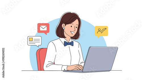 Female office employee using her laptop with floating icons for emails and business growth charts suggesting a productive workday.