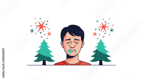 Young man crying with tears on his face standing between two stylized pine trees under a sky filled with stars and falling snow.