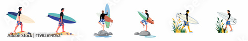 Flat Vector Illustrations of Male Surfers Carrying Surfboards in Different Beach Settings Including Sand, Rocks, and Grass Elements Isolated on White.