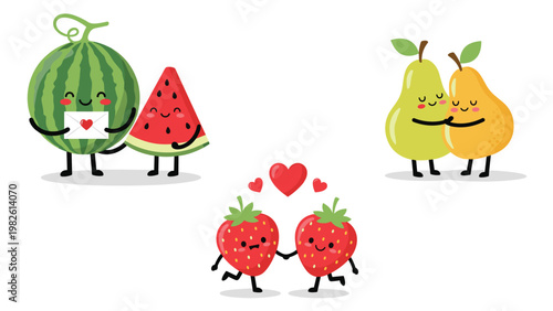 Adorable fruit characters like watermelon, strawberries, and pears in love showing affection with hearts and letters for romantic card designs.