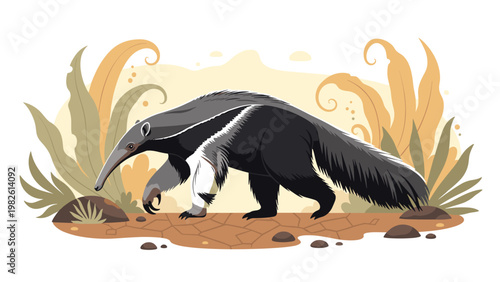 Large giant anteater walking through a savanna environment with tall dry grass and swirling wind patterns in a detailed style.