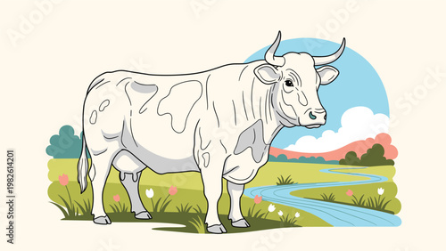 Idyllic landscape illustration showing a white cow with patches standing in a green meadow by a winding blue river under a sunny sky.